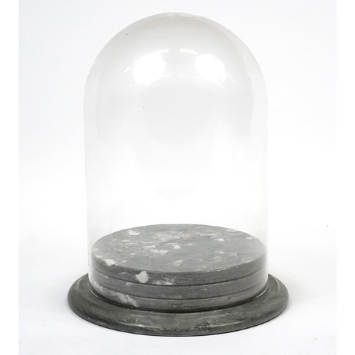 2190 - Glass dome with grey marble base, overall 40cm high