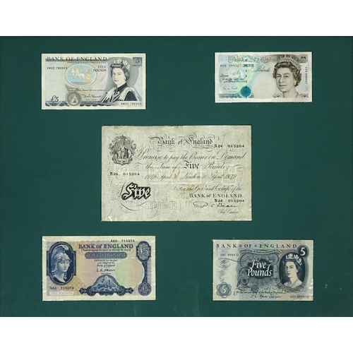 2309 - Framed display of five Bank of England five pound notes including a 1949 white example, serial numbe... 