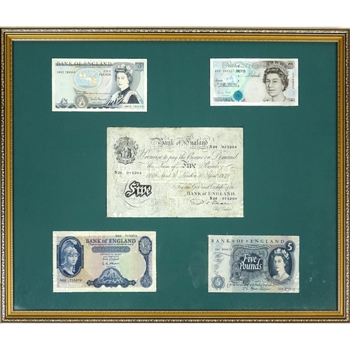 2309 - Framed display of five Bank of England five pound notes including a 1949 white example, serial numbe... 