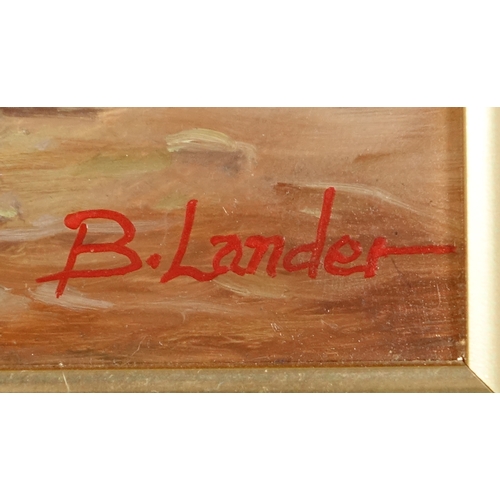 2105 - B Lander - Huntsman with hounds, oil on panel, mounted and framed, 24cm x 19cm