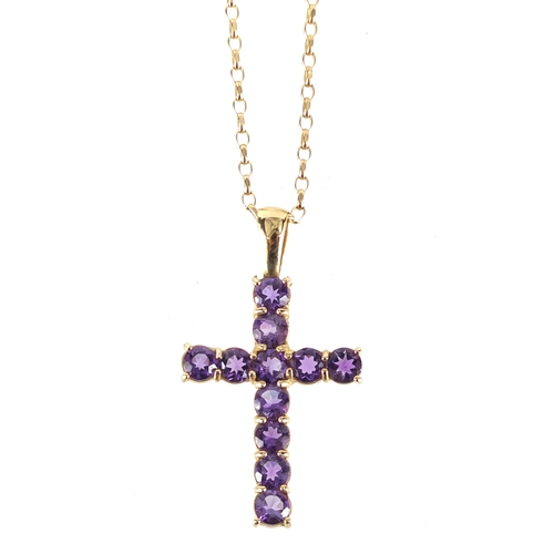2458 - 9ct gold amethyst cross pendant on a 9ct gold necklace, the pendant 3.6cm in length, approximate wei... 