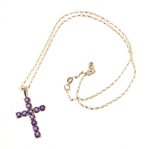 2458 - 9ct gold amethyst cross pendant on a 9ct gold necklace, the pendant 3.6cm in length, approximate wei... 
