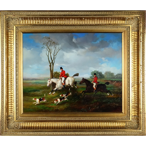 2171 - B Lander - Huntsman with hounds, antique style oil on wood panel, mounted and framed, 50cm x 39.5cm