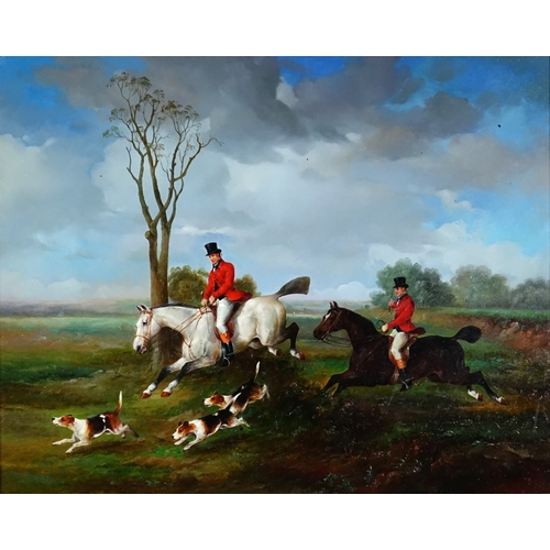 2171 - B Lander - Huntsman with hounds, antique style oil on wood panel, mounted and framed, 50cm x 39.5cm