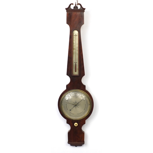 2076 - Victorian mahogany banjo barometer with thermometer and silvered dials, 101cm high