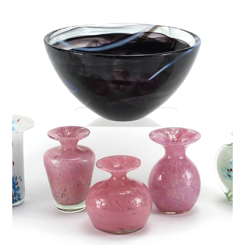 2128 - Kosta Boda art glass bowl and ten Mdina glass vases, some with paper labels, the bowl 22.5cm in diam... 