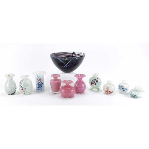 2128 - Kosta Boda art glass bowl and ten Mdina glass vases, some with paper labels, the bowl 22.5cm in diam... 