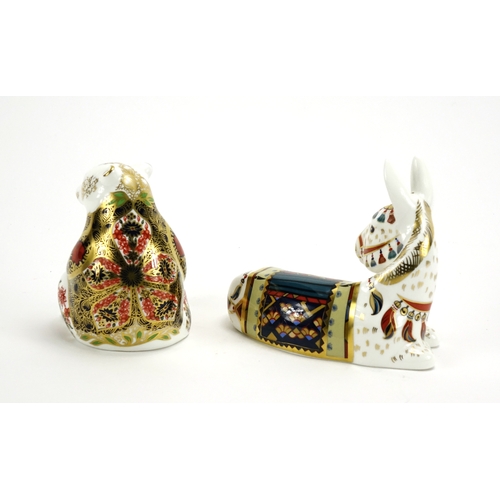2098 - Two Royal Crown Derby paperweights, honey bear and donkey, both with gold coloured stoppers, the lar... 