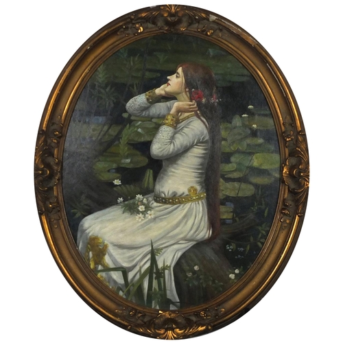 2067 - Portrait of a female before lily pads, oval Pre-Raphaelite style oil on board, bearing a monogram JW... 