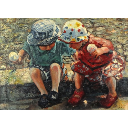 2066 - Two young children eating ice cream, French school oil on board, bearing a signature possibly J Le J... 