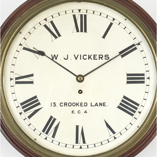 2014 - Victorian mahogany fusee wall clock, the dial with Roman numerals, inscribed W J Vickers of 13 Crook... 