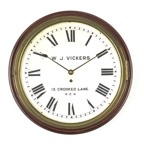 2014 - Victorian mahogany fusee wall clock, the dial with Roman numerals, inscribed W J Vickers of 13 Crook... 