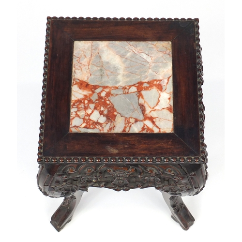 2027 - Chinese rosewood plant stand with inset marble top, carved with flowers, 47cm H x 28cm W x 28cm
