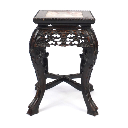 2027 - Chinese rosewood plant stand with inset marble top, carved with flowers, 47cm H x 28cm W x 28cm