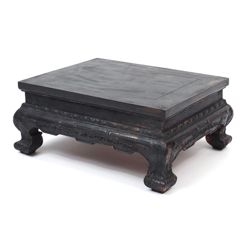 2047 - Chinese carved hardwood stool, 24cm H x 51 W x 40cm D