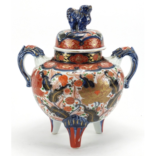 2137 - Japanese Imari porcelain Koro and cover with twin handles, hand painted with flowers, 31cm high