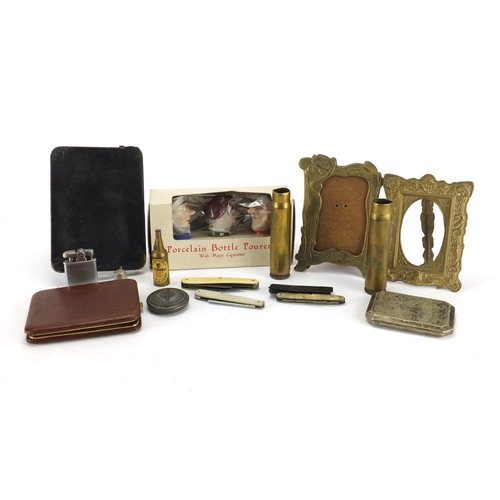 420 - Objects including Military interest shell cases, leather wallets, Art Nouveau style photo frames and... 