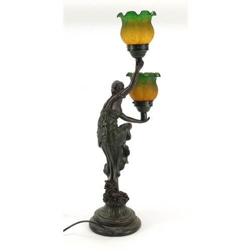 87 - Art Nouveau style figural table lamp with glass shades, 66cm high