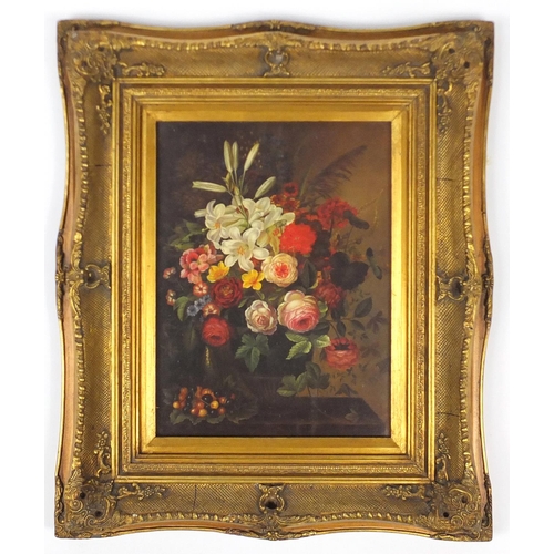 105 - Still life flowers in a vase, oleograph, with ornate gilt frame, 65cm x 54cm