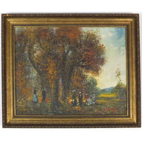 110 - Figures seated under trees, oil on board, bearing an indistinct signature, framed, 50cm x 40cm