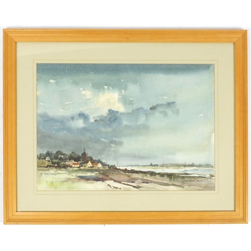 44 - Sydney Vale - Landscape with boats, watercolour, mounted and framed, 47cm x 33cm
