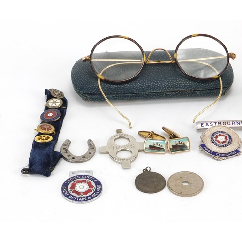 423 - Objects including Queen Mary cuff links, silver Naval badge and vintage spectacles