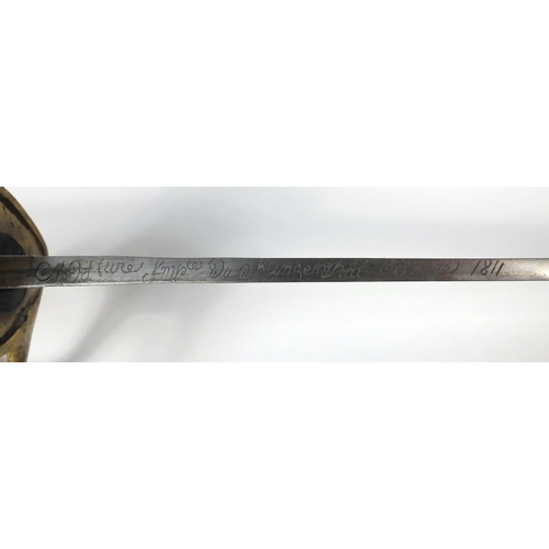 624 - Military interest dress sword with scabbard, 110cm in length