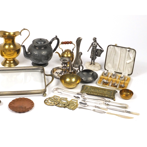 203 - Metalwares including brass candlesticks, silver plated chamber stick, pewter teapot, cutlery and sil... 