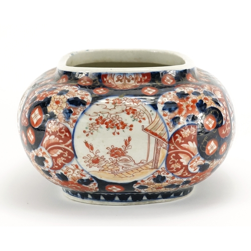 89 - Japanese Imari porcelain squatted vase, hand painted with flowers, 13cm high x 27cm wide