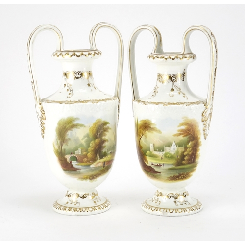 67 - Pair of Early 19th century porcelain vases with twin handles, each hand painted with pastoral scenes... 