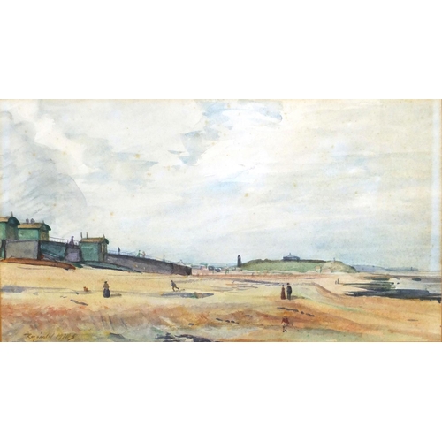 162 - Reginald Mills - Coastal scene, watercolour, inscribed verso, mounted and framed, 39cm x 21.5cm