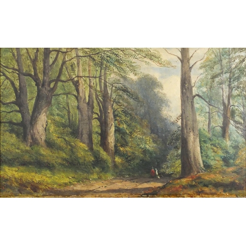 169 - Thomas Creswick RA - Woodland view with figures on a path, 19th century oil on board, inscribed vers... 