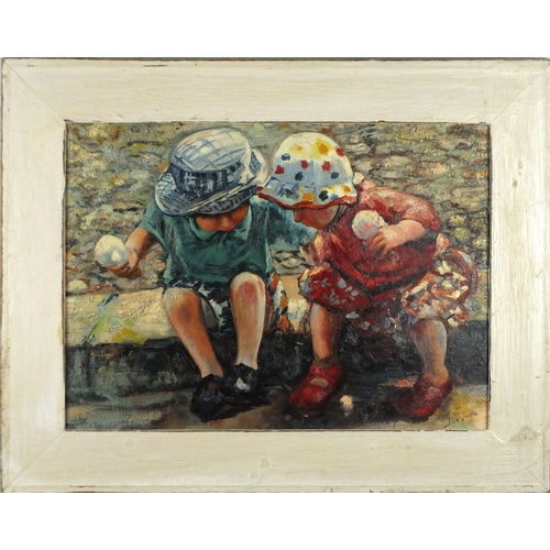 131 - Two young children eating ice cream, French school oil on board, bearing a signature possibly J Le J... 