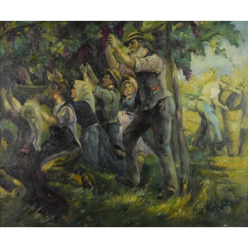49 - Group of grape pickers, oil on canvas board, bearing a signature H Fidler, framed, 59.5cm x 49.5cm