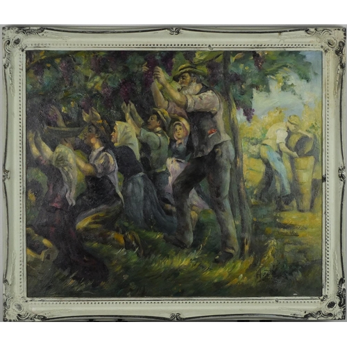 49 - Group of grape pickers, oil on canvas board, bearing a signature H Fidler, framed, 59.5cm x 49.5cm