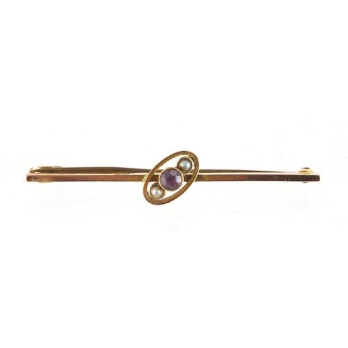 213 - 9ct gold amethyst and seed pearl bar brooch, 5cm in length, approximate weight 2.3g