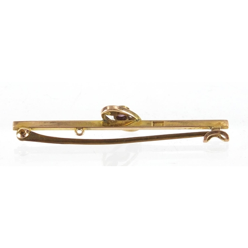 213 - 9ct gold amethyst and seed pearl bar brooch, 5cm in length, approximate weight 2.3g