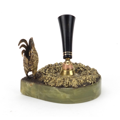 2111 - Green onyx and bronzed cockerel design desk pen holder, 10.5cm high