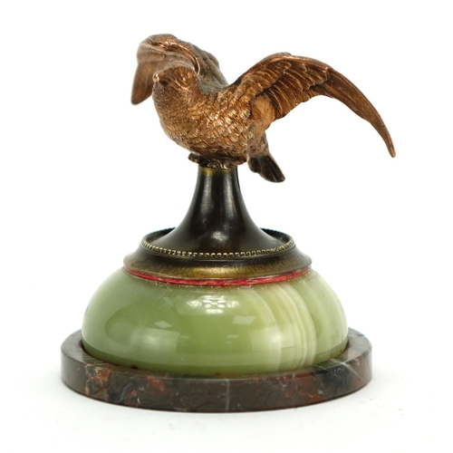 2073 - Marble, onyx and copper bird design desk paperweight, 9cm high