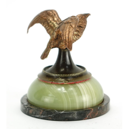 2073 - Marble, onyx and copper bird design desk paperweight, 9cm high