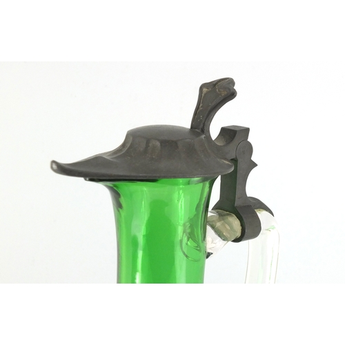 2038 - Art Nouveau pewter mounted green and clear glass claret jug by Kayzerzinn, 30.5cm high