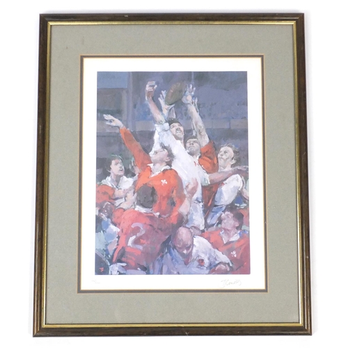 109 - Thomas J Coates - The Line-Out, pencil signed and numbered print 174/250, mounted and framed, 46cm x... 