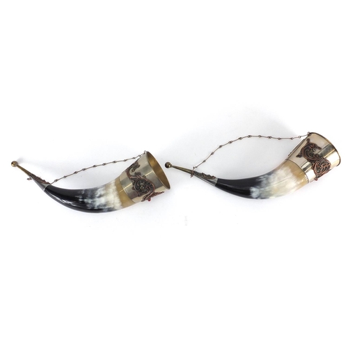 439 - Pair of horn vessels with silver plated mounts and jewelled decoration, 29cm in length