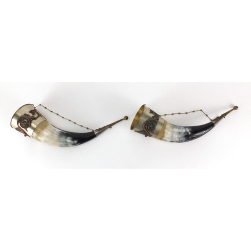 439 - Pair of horn vessels with silver plated mounts and jewelled decoration, 29cm in length