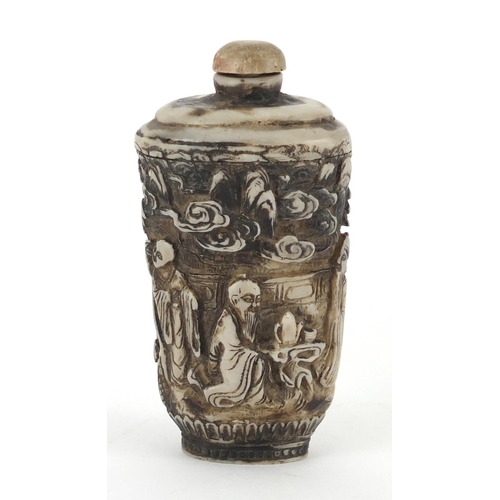 396 - Chinese ivory style snuff bottle, decorated with figures, 9.5cm high