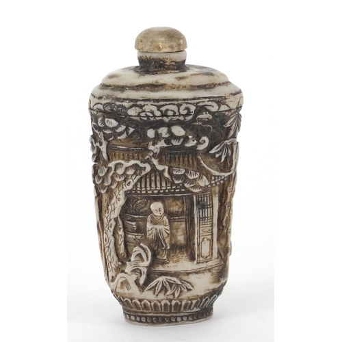 396 - Chinese ivory style snuff bottle, decorated with figures, 9.5cm high
