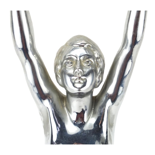 2066 - Art Deco chrome figurine of a nude female raised on a square onyx base, 40cm high