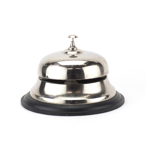 2076 - Large chrome table bell with ebonised stand, 19.5cm high x 27.5cm in diameter
