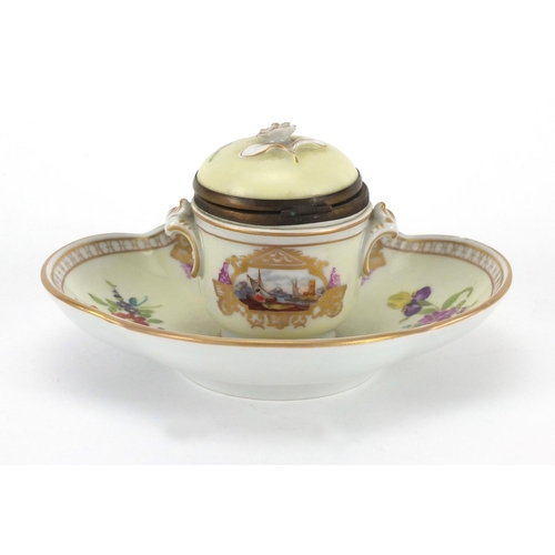 2071 - Sevres style porcelain inkwell with liner, hand painted with two panels of figures by water, 8.5cm H... 