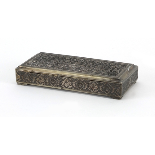 400 - Rectangular Persian silver coloured metal box, the hinged lid embossed with birds and foliate motifs... 